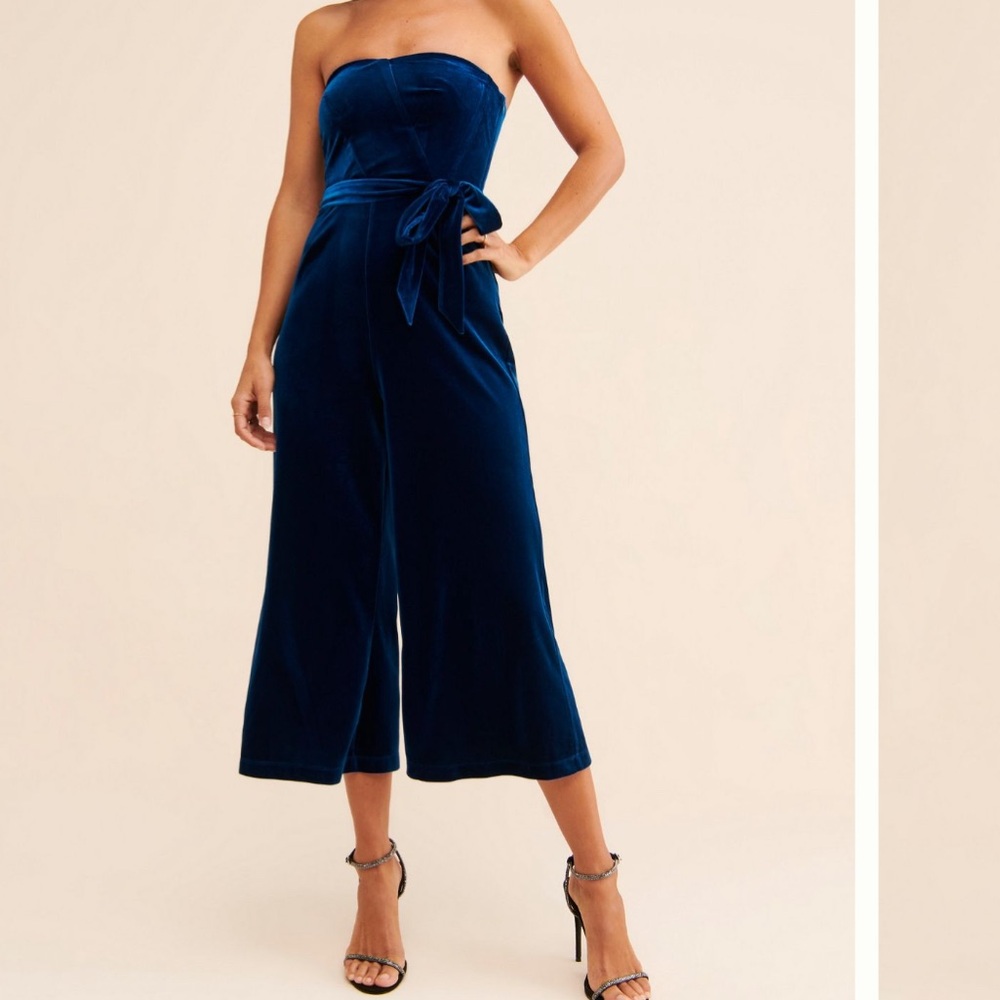 Strapless blue velvet jumpsuit